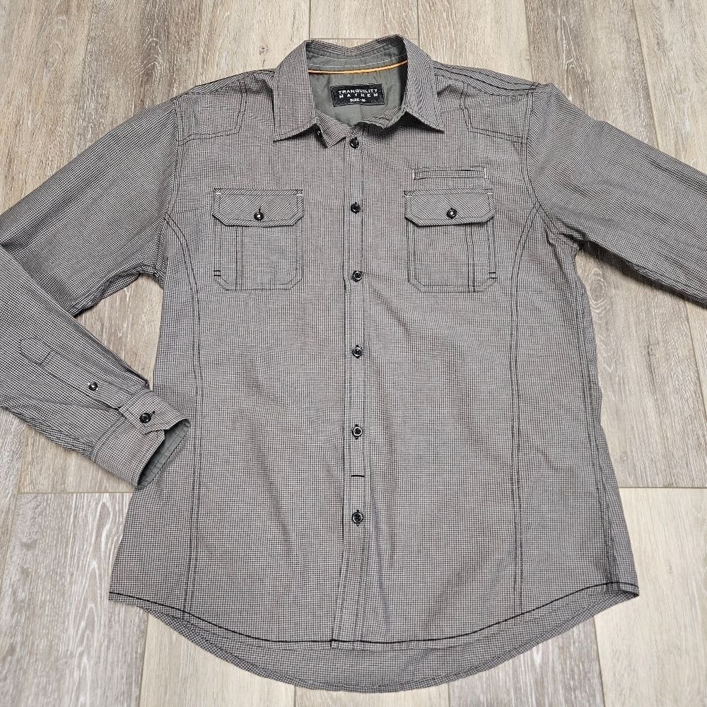 Tranquility Mayhem Button Down Long Sleeve Shirt Grey Gingham Men's Medium